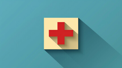 Red Cross on White Square on Blue Background