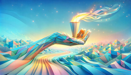 Pastel Panorama of Olympic Torch in Serene Landscape