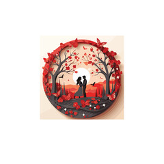 Cartoon couple people with love tree when sunset  in vector illustration paper cut style.