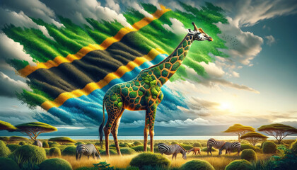 Giraffe in Tanzanian Flag - obrazy, fototapety, plakaty