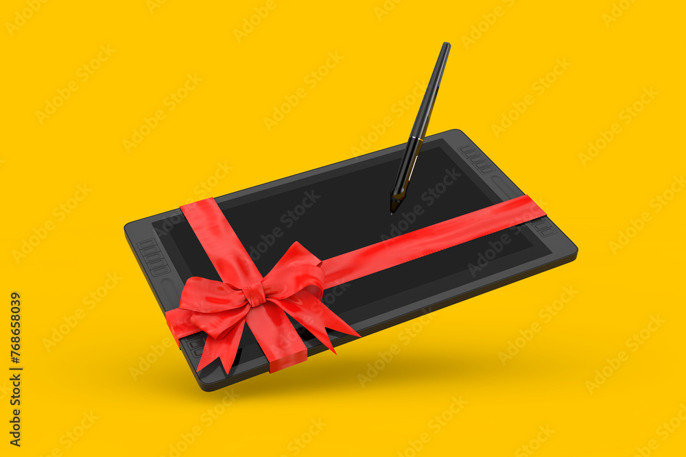 Poster big size of digital graphics drawing tablet monitor with pen and blank screen as gift with red ribbo