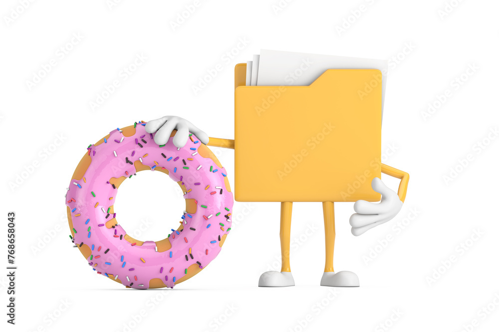 Poster yellow file folder icon cartoon person character mascot with big strawberry pink glazed donut. 3d re