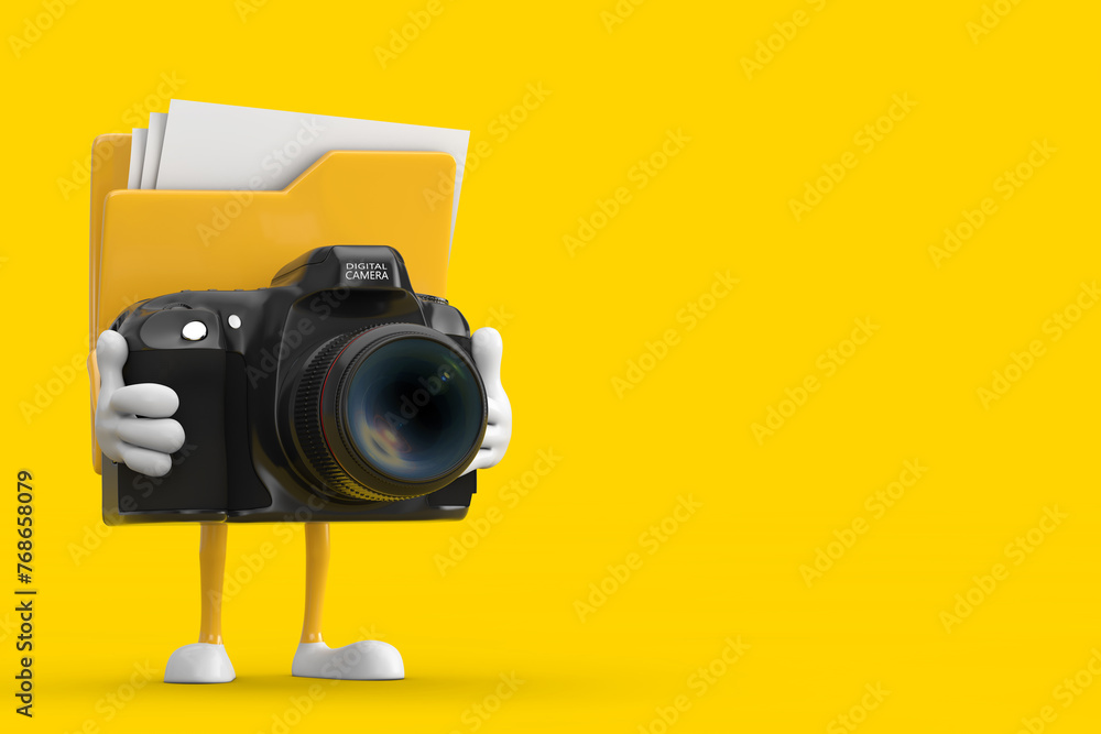Poster yellow file folder icon cartoon person character mascot with modern digital photo camera. 3d renderi