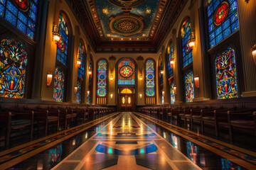 Majestic Masonic lodge interior adorned with symbolic stained glass windows depicting sacred geometry and esoteric symbols. - obrazy, fototapety, plakaty