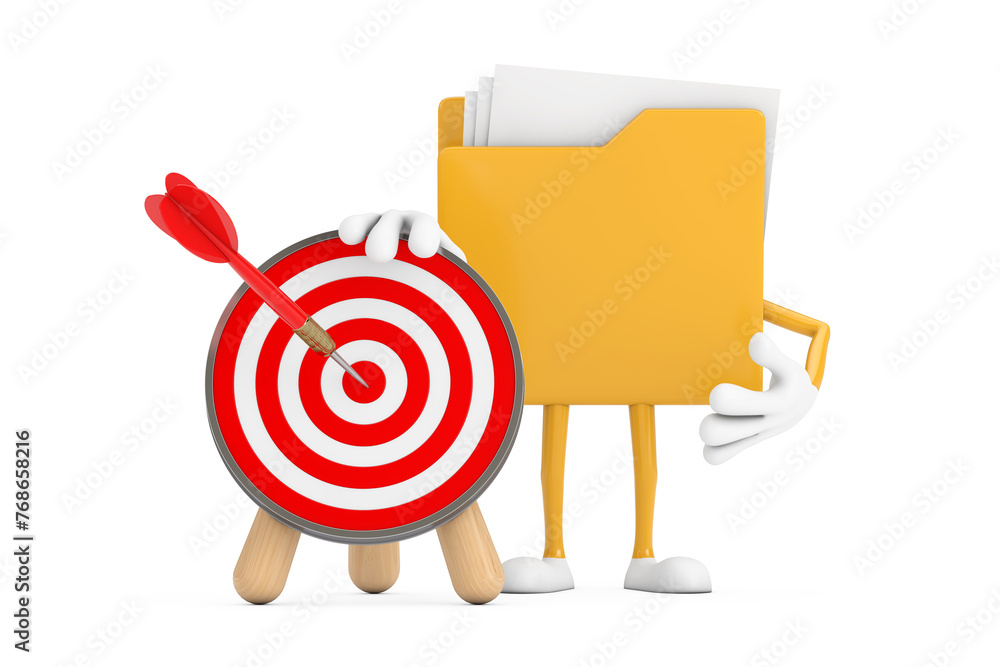 Poster Yellow File Folder Icon Cartoon Person Character Mascot with Archery Target and Dart in Center. 3d Rendering