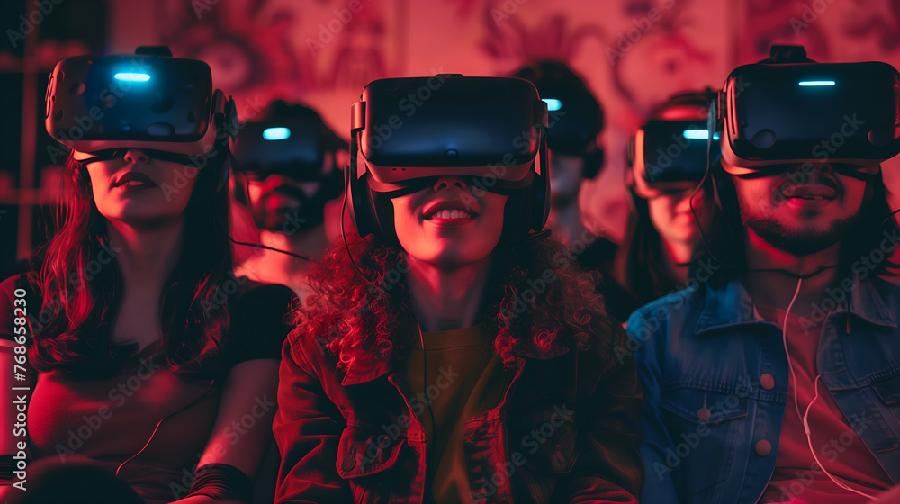 Wall mural group of young women wearing virtual reality goggles and exploring the world.