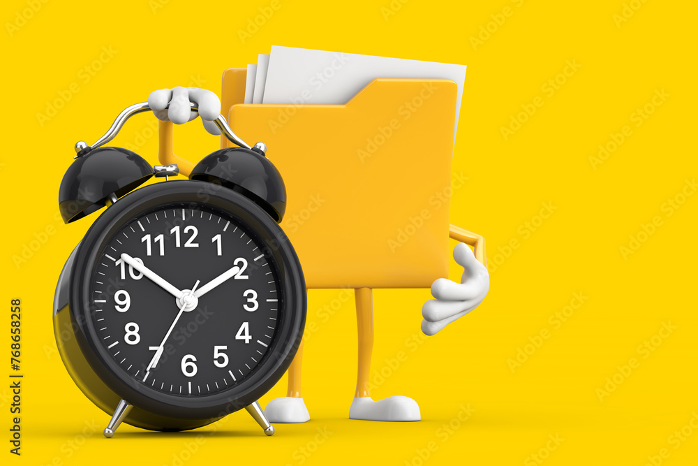 Fototapete yellow file folder icon cartoon person character mascot with alarm clock. 3d rendering
