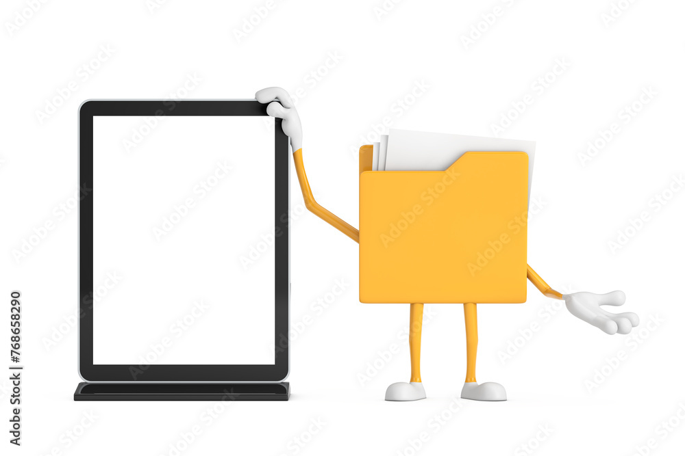 Poster Yellow File Folder Icon Cartoon Person Character Mascot with Blank Trade Show LCD Screen Display Stand as Template for Your Design. 3d Rendering