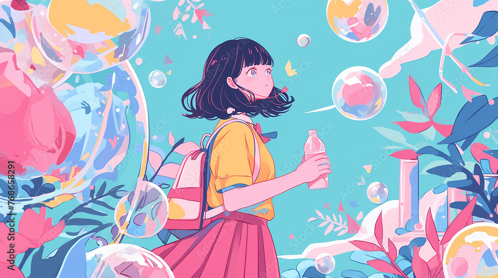 Wall mural a girl is holding a straw in a drink and wearing a yellow shirt and blue backpack. she is surrounded