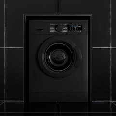 Modern Black Washing Machine in Bathroom with Black Tiles. 3d Rendering