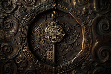 Fototapeta na wymiar Symbolic image of a key with intricate Masonic engravings hanging from an antique keyhole surrounded by ancient scrolls and geometric patterns, shot in a dark.