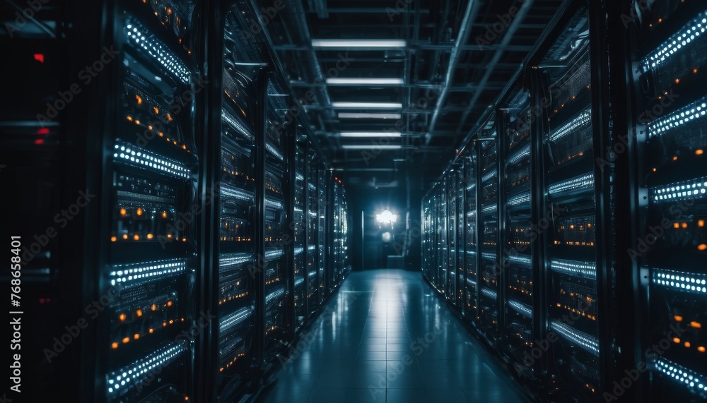 Poster an aisle in a data center radiates with orange lights from server racks. this image captures the war