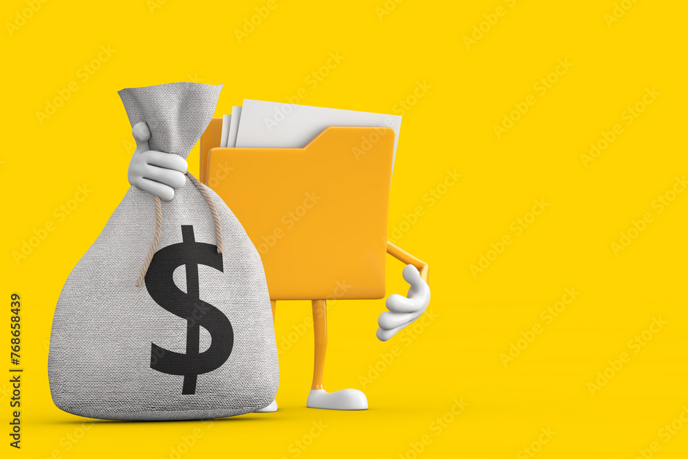 Poster yellow file folder icon cartoon person character mascot and tied rustic canvas linen money sack or m
