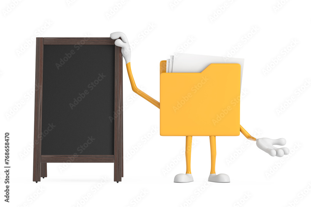 Poster yellow file folder icon cartoon person character mascot with blank wooden menu blackboards outdoor d