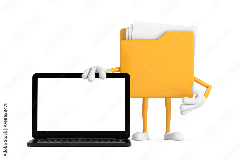 Poster Yellow File Folder Icon Cartoon Person Character Mascot with Modern Laptop Computer Notebook and Blank Screen for Your Design. 3d Rendering