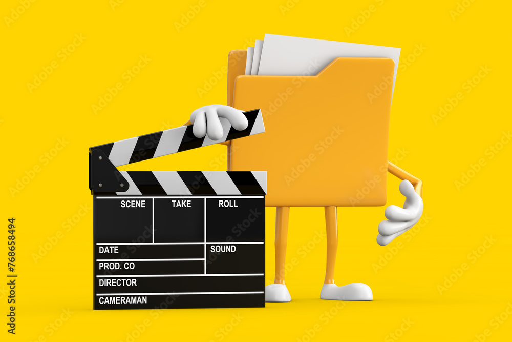 Aufkleber yellow file folder icon cartoon person character mascot with movie clapper board. 3d rendering