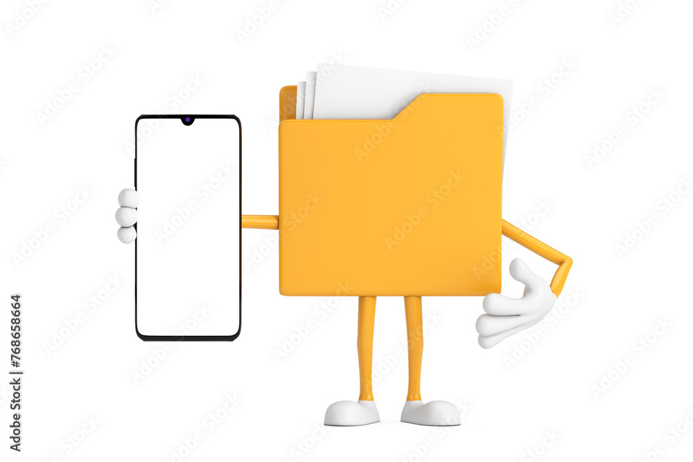 Poster yellow folder icon cartoon person character mascot and modern mobile phone with blank screen for you