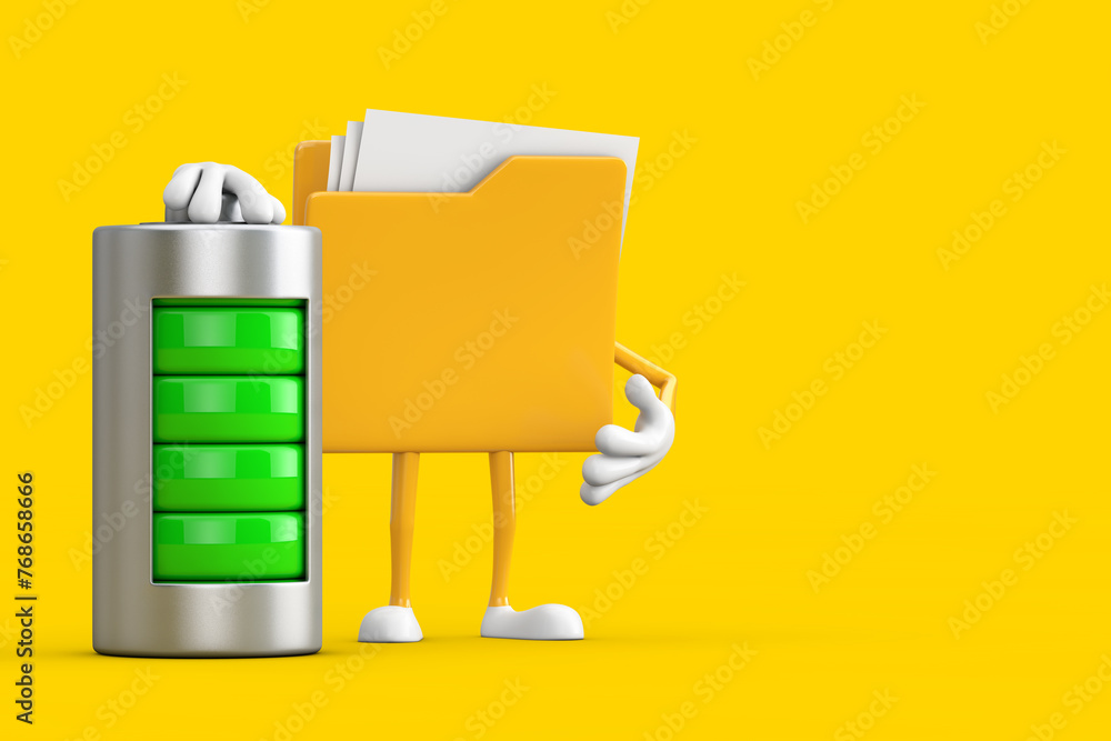 Poster yellow file folder icon cartoon person character mascot with abstract charging battery. 3d rendering
