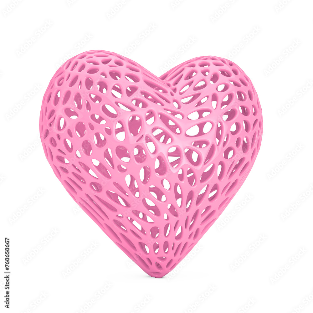 Poster pink heart shape with abstract holes mesh. 3d rendering
