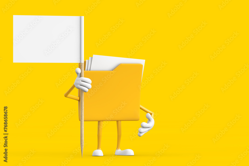 Fototapete yellow file folder icon cartoon person character mascot with white flag with free space for your des