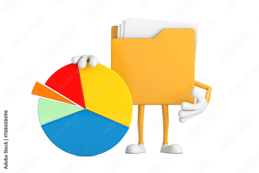 Fototapete yellow file folder icon cartoon person character mascot with info graphics business pie chart. 3d re