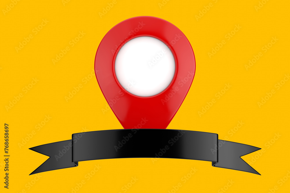 Poster red map pointer pin with black empty decorative ribbon banner. 3d rendering