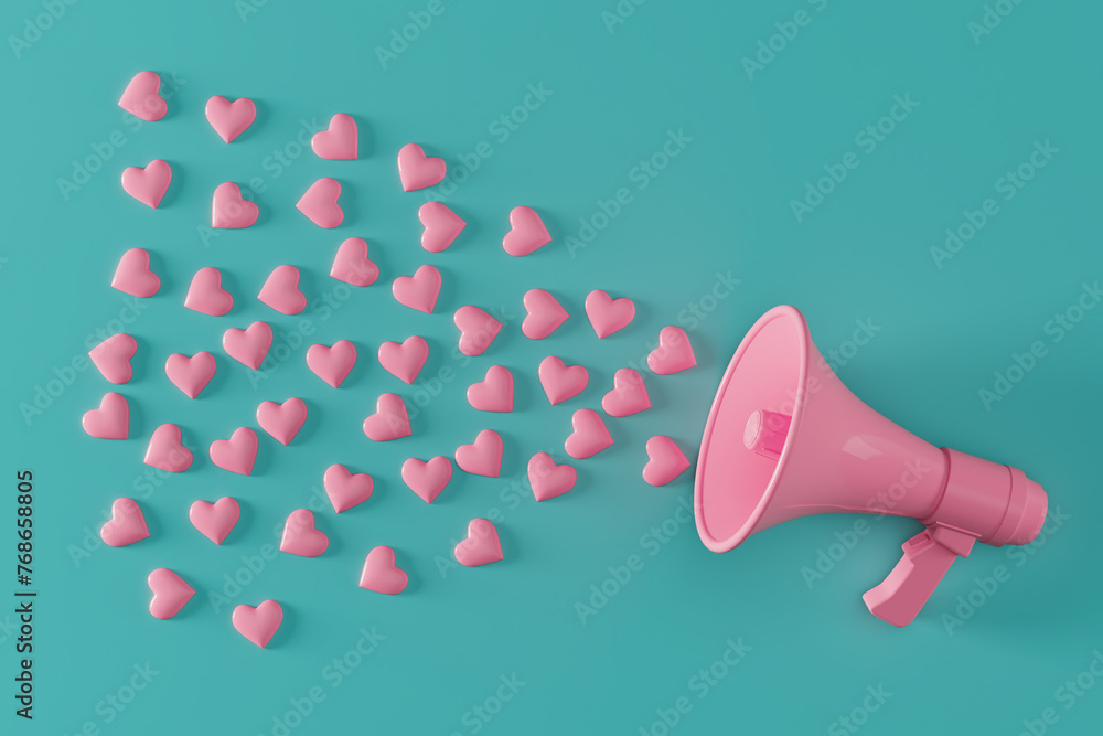 Aufkleber pink megaphone speaker with hearts in duotone style. 3d rendering