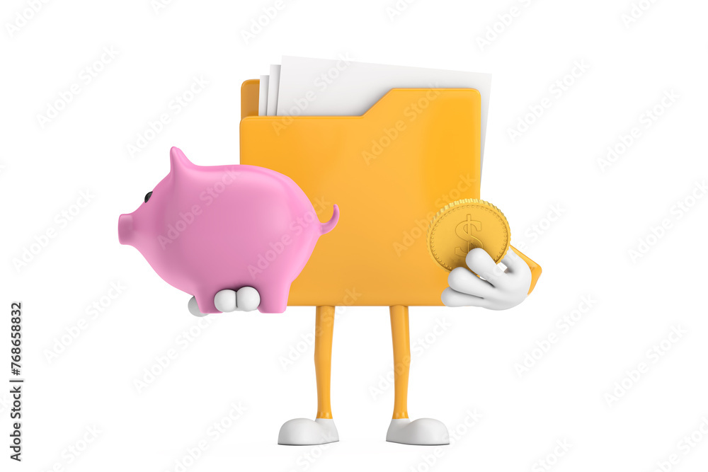 Aufkleber yellow file folder icon cartoon person character mascot with piggy bank and golden dollar coin. 3d r