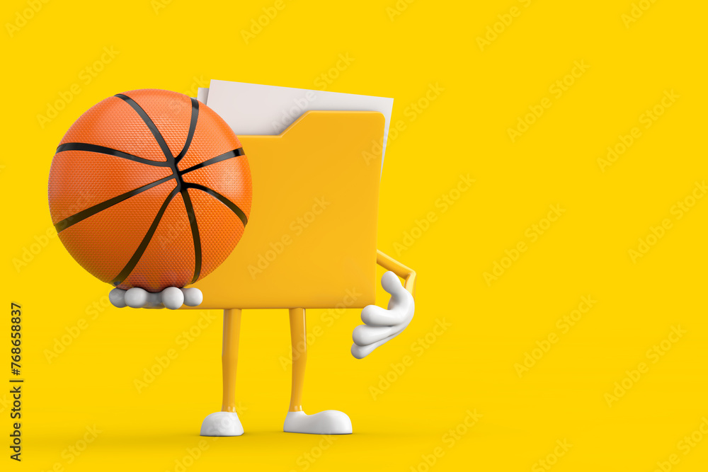 Poster yellow file folder icon cartoon person character mascot with basketball ball. 3d rendering