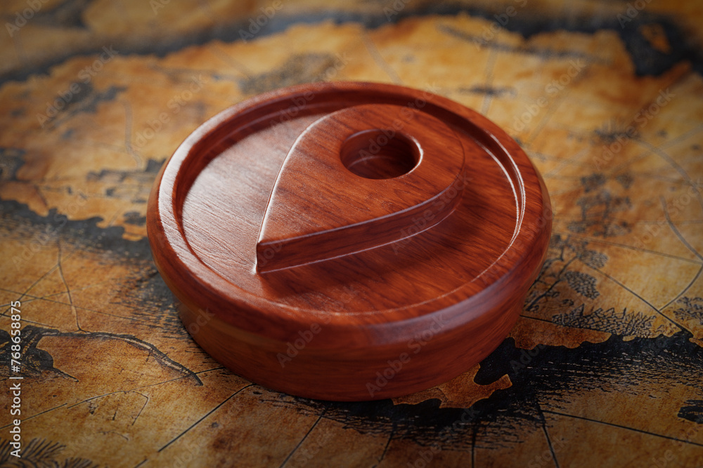 Poster wooden map pointer destination pin on an old map. 3d rendering