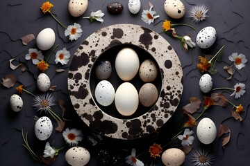 Un tazón de huevos de pascua en blanco y negro con motas blancas en el interior.
