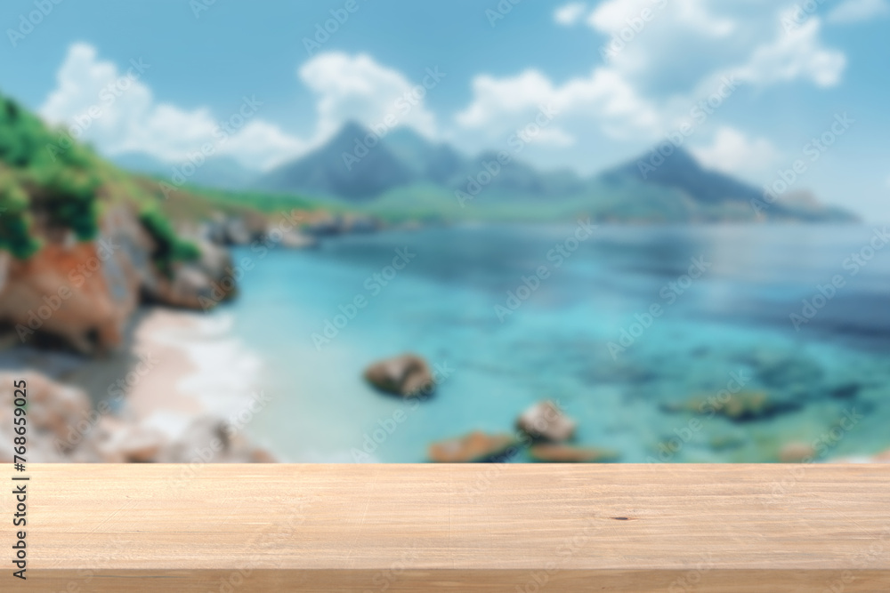 Aufkleber display products empty wood table on blur of mountain beach background. 3d rendering