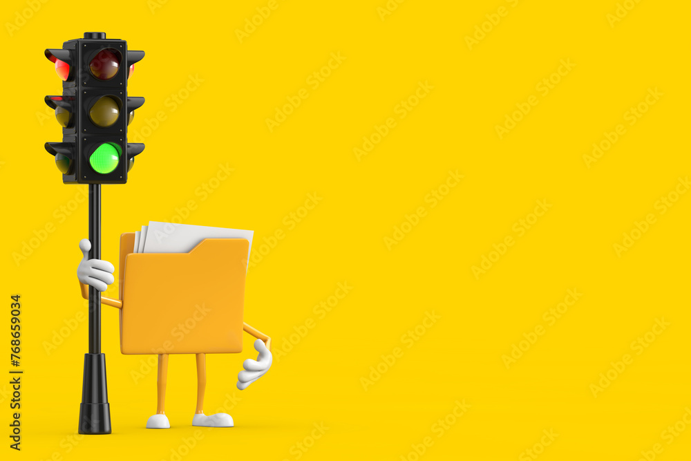 Poster yellow file folder icon cartoon person character mascot with traffic green light. 3d rendering