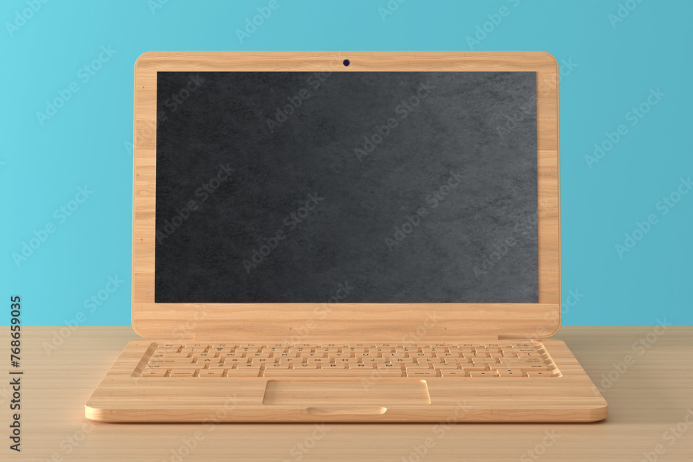Poster abstract wooden laptop with chalkboard as screen. 3d rendering