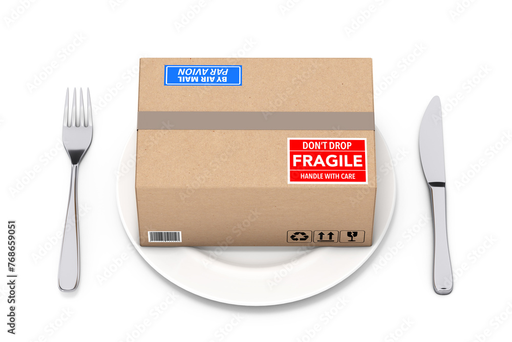 Poster Cardboard Package and Parcel Box on Plate with a Fork and a Knife. 3d Rendering