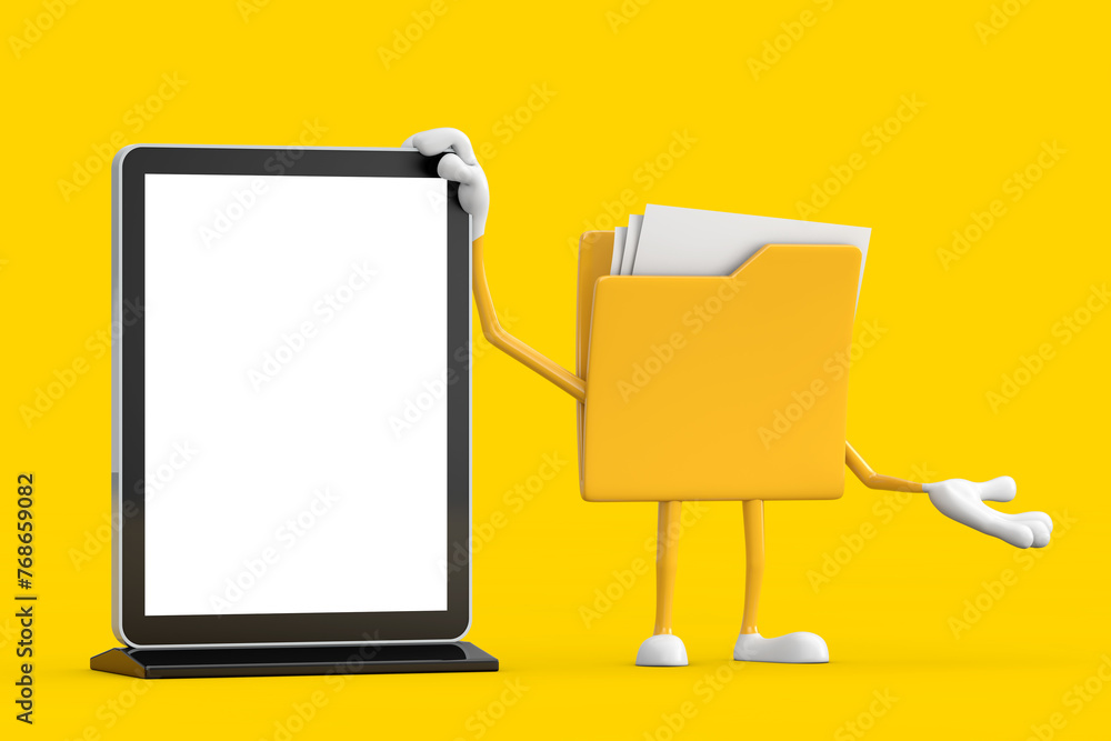 Poster yellow file folder icon cartoon person character mascot with blank trade show lcd screen display sta