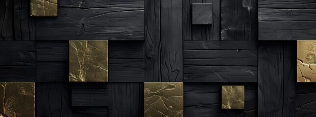 Abstract black and gold background with wooden blocks,