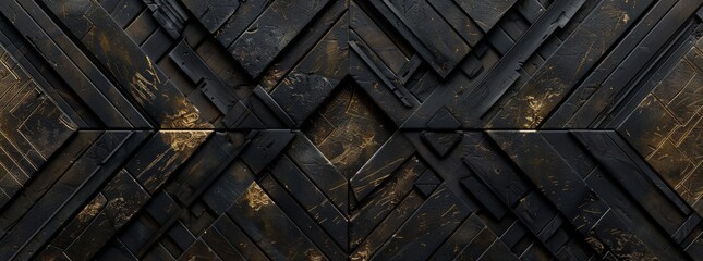 Abstract black and gold background with wooden blocks,