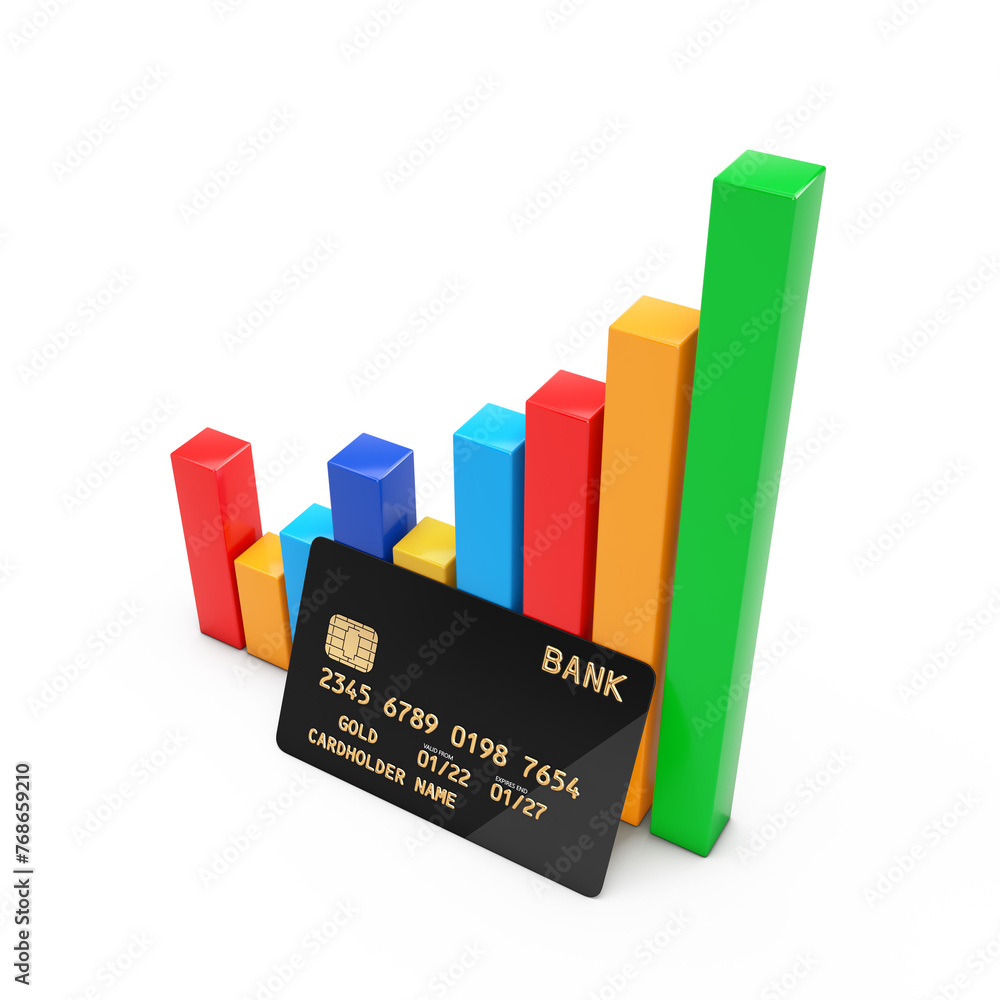 Poster modern abstract credit card next to graphic growth bars. 3d rendering
