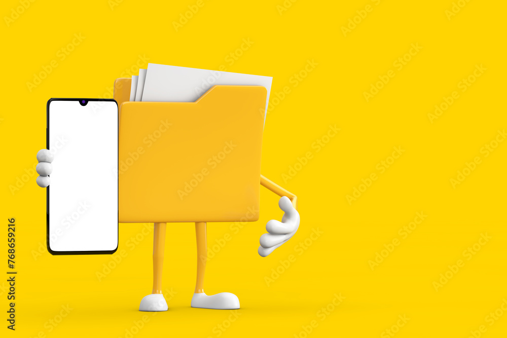 Poster yellow folder icon cartoon person character mascot and modern mobile phone with blank screen for you