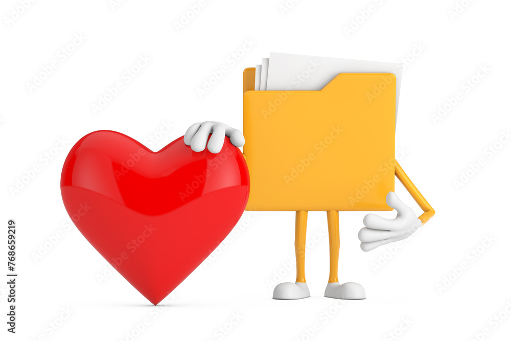 Aufkleber yellow folder icon cartoon person character mascot with red heart. 3d rendering