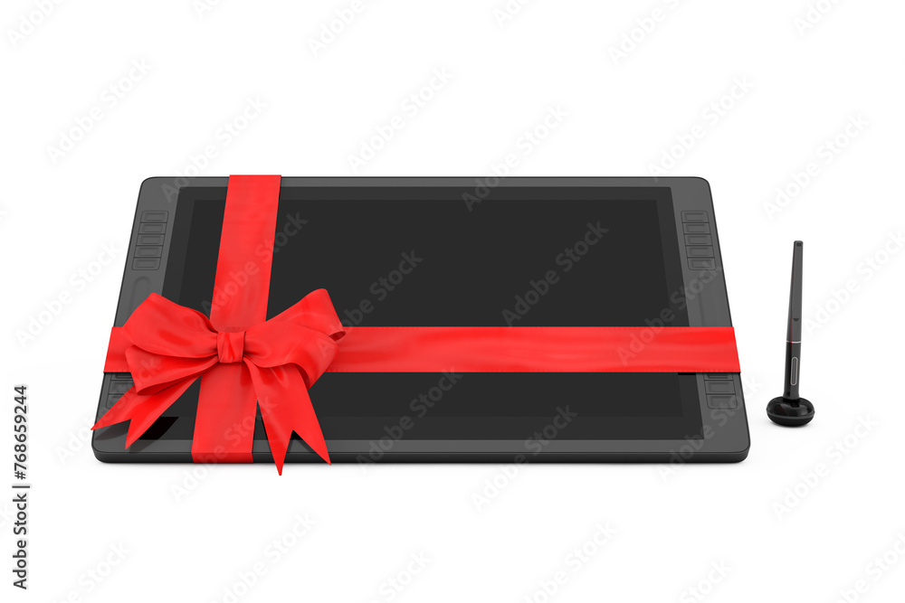 Poster big size of digital graphics drawing tablet monitor with pen and blank screen as gift with red ribbo