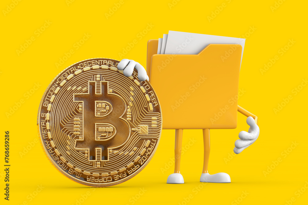 Poster yellow folder icon cartoon person character mascot with cryptocurrency golden bitcoin coin. 3d rende