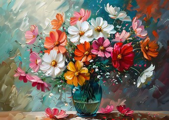 Vibrant Floral Abstraction, Oil Painting on Canvas