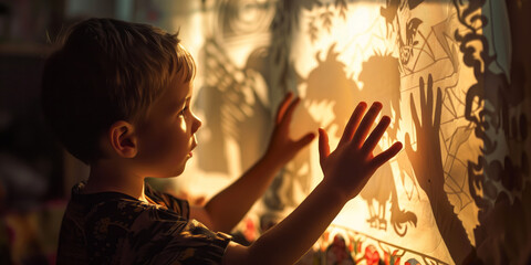 Little boy looking at the wall with shadow theatre at night before bedtime. Illuminated fairytale. Time to sleep.