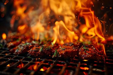 A sizzling grill with flames cooking food, showcasing vibrant colors and textures in a dynamic and mouthwatering display.