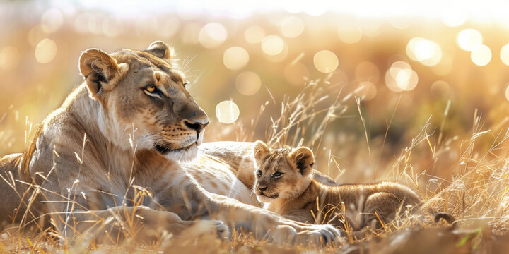 Lioness comforting a cub in a grassland. Wild African animals in evening light.