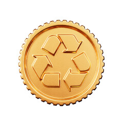 Golden Coin Badge with Recycle Sign. 3d Rendering