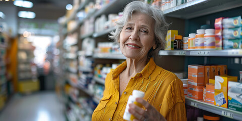 Senior woman holding a pill bottle in a pharmacy. Old lady looking for a medicine she needs on drugstore shelves. Buying prescription medicine. - obrazy, fototapety, plakaty