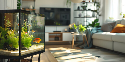 Modern fish tank with colorful fishes, water plants and decorations on a backdrop of sunlit living...